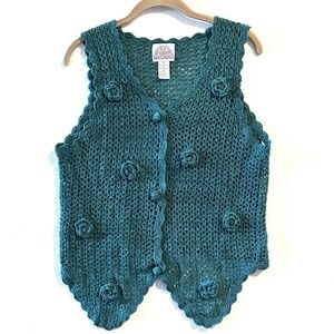 Vintage 90s Crochet Knit Vest XL Lace 3D Flowers Fabric Buttons Penny Arcade